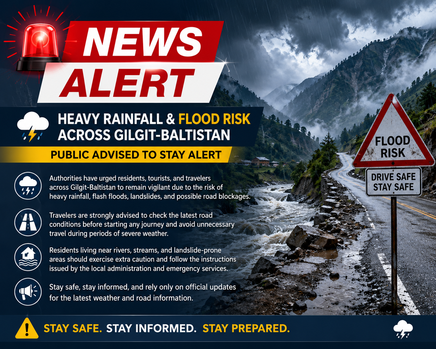 🚨 News Alert  Heavy Rainfall & Flood Risk Across Gilgit-Baltistan – Public Advised to Stay Alert